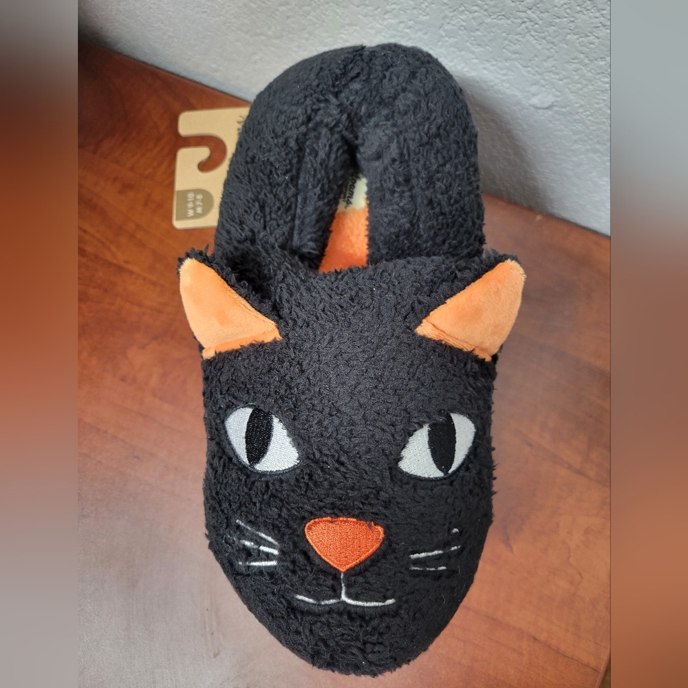 Dearfoams Black and Orange Cat Slippers Women 9/10 Nwt